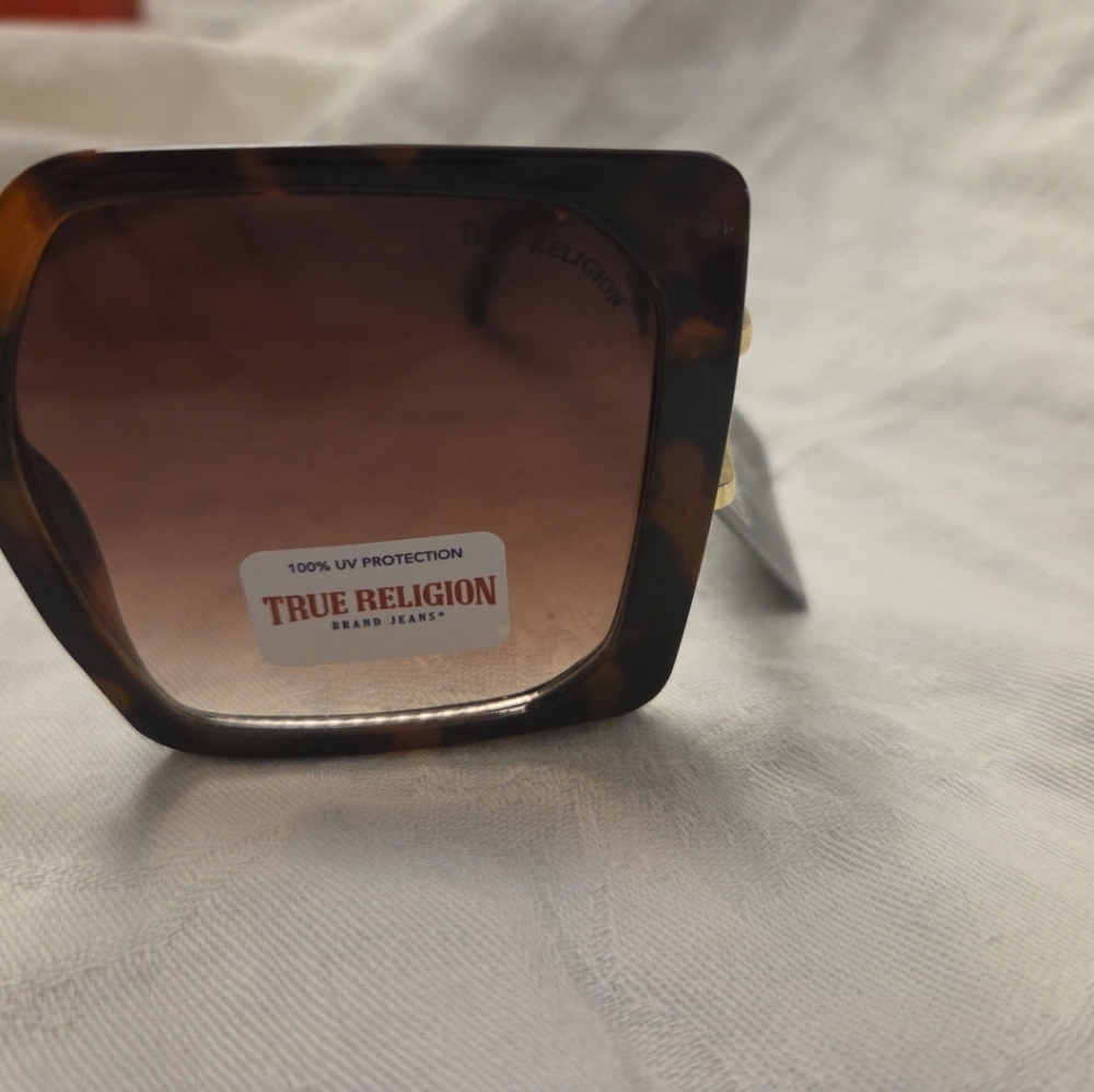 True Religion NEW Square Sunglasses Oversized Logo Tortise Gold Brown UVA - Picture 8 of 8